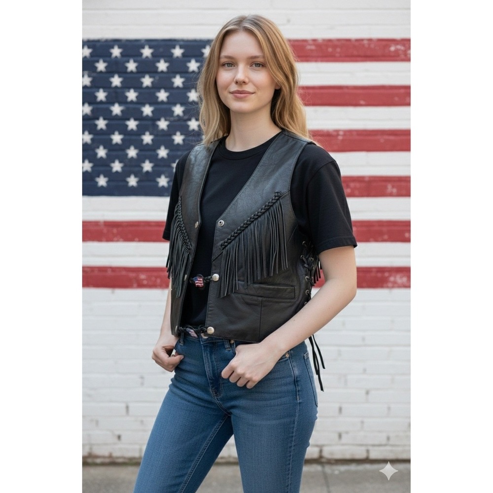 🇺🇸Daytona Joe 🤑Leather Vest🎱 Black Fringe Tassel Western Biker Moto Grunge12